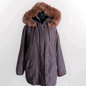 Vntg BROMLEY STUDIO Thermoloft Fox Fur Trim Hood Coat Drawstring Brown Sz M Zip